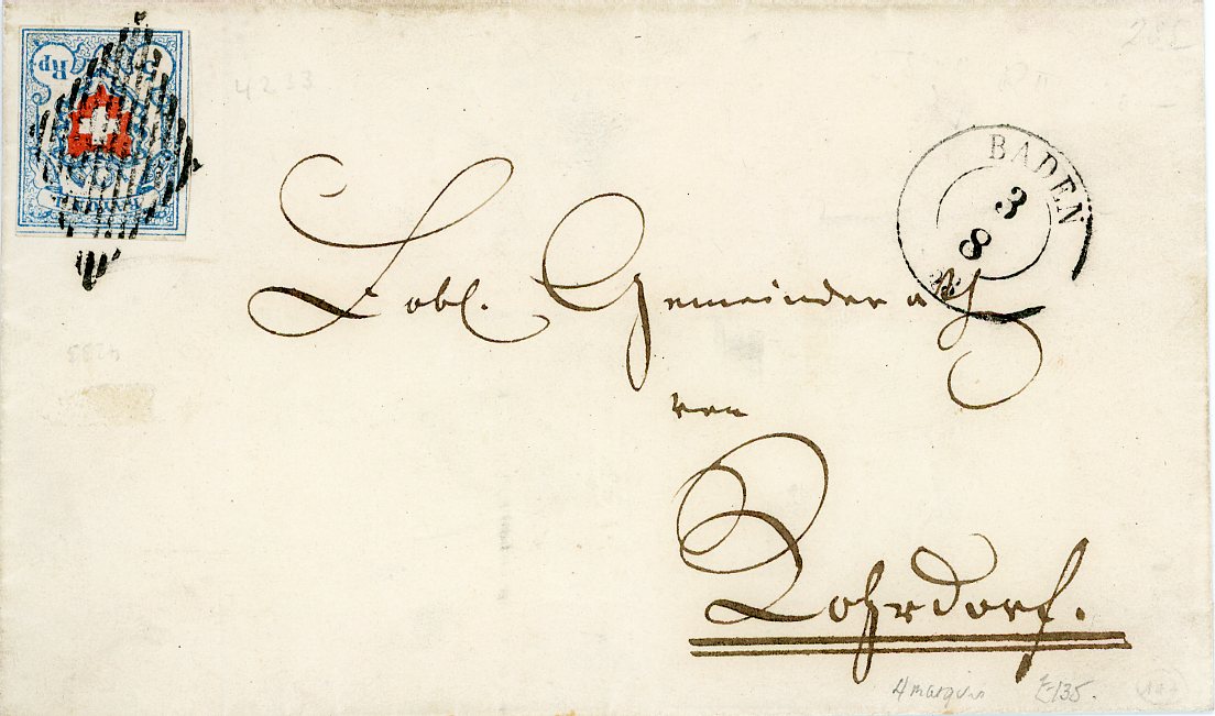 SWITZERLAND SWITZERLAND: 1853 (3 8) Rayon 1 clear to good margins tied by grill to front plus 4 part backflaps with Baden dispatch and Mellinge 4 Aout arrival bs in blue, fine