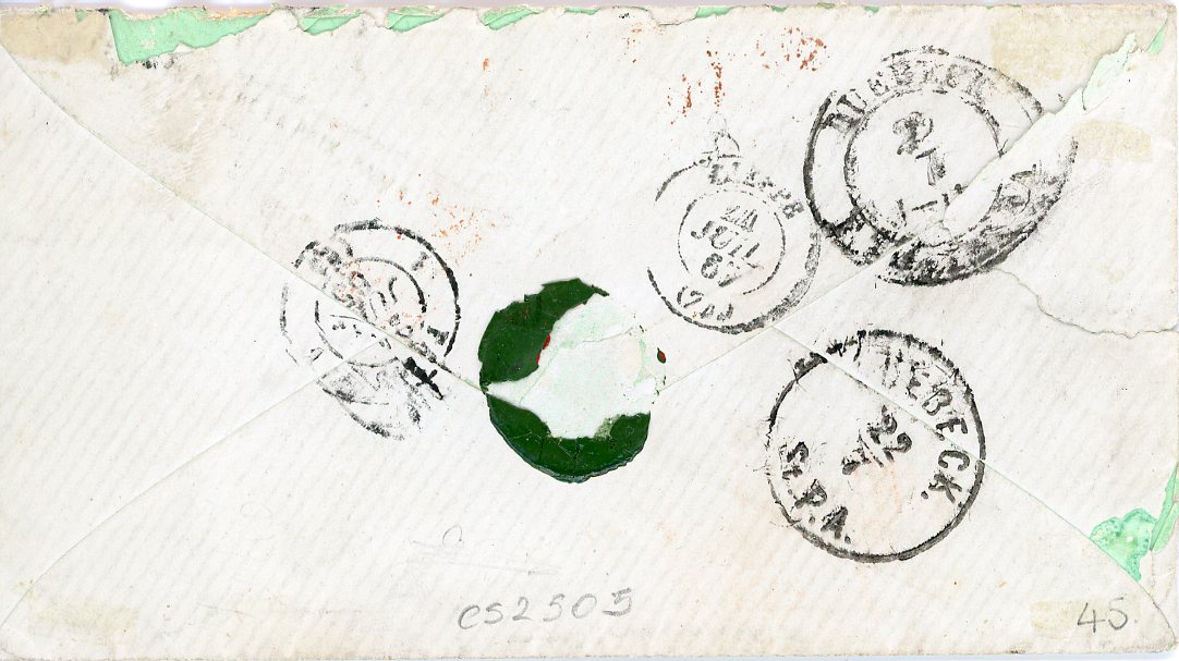 DENMARK DENMARK: 1865 (21 7) envelope from Copenhagen to France correctly franked 28sk made up of 1858-62 8sk (just touched at left) + 1864-70 4sk + 16sk (missing perfs at top where overlapping) all tied by i target cancels with Kjobenhavn cds in association, red P.D alongside, French entry (25 Juil), on reverse Lubeck transit (22 7), Dieppe arr. (24 7)