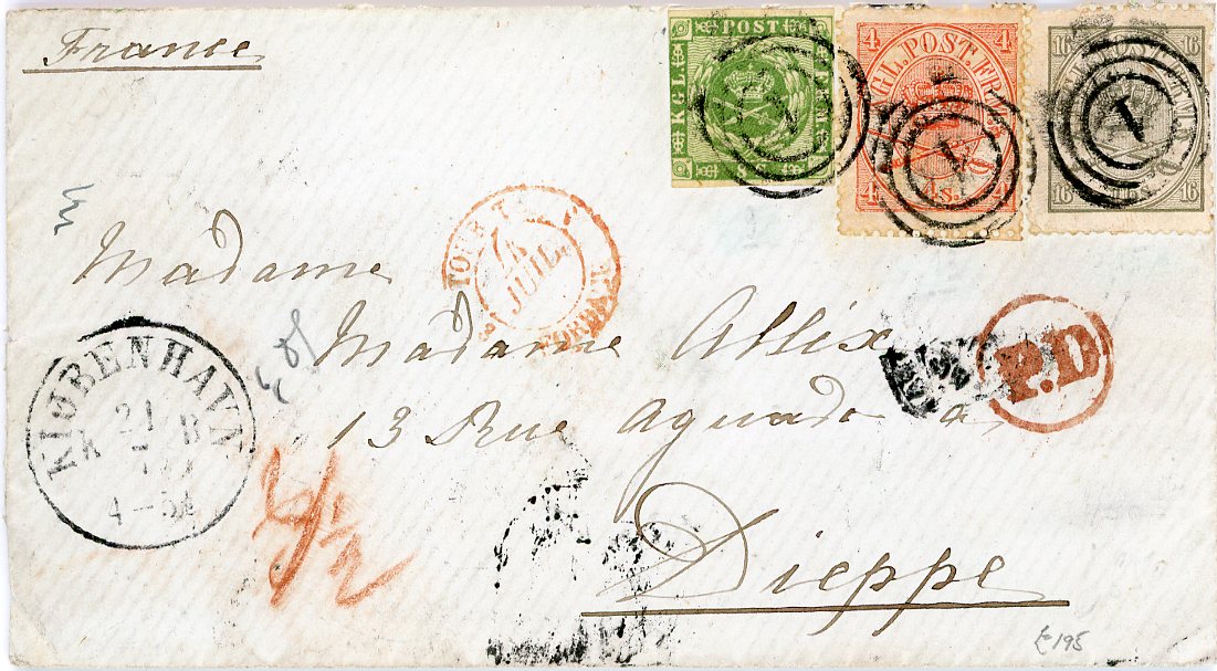 DENMARK DENMARK: 1865 (21 7) envelope from Copenhagen to France correctly franked 28sk made up of 1858-62 8sk (just touched at left) + 1864-70 4sk + 16sk (missing perfs at top where overlapping) all tied by i target cancels with Kjobenhavn cds in association, red P.D alongside, French entry (25 Juil), on reverse Lubeck transit (22 7), Dieppe arr. (24 7)