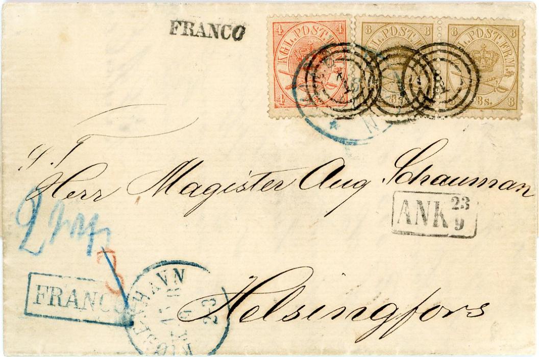 DENMARK DENMARK: 1868 (15 9) entire to Finland franked 1864-70 4sk + 8sk pair (1 short perf) tied by 1 target cancel with Kjobenhavn cds in association with matching boxed FRANCO in the same blue, hs black FRANCO at top and ANK23/9, on reverse blue Lubeck and Russian cyrillic received evening ofst Petersburg, letter overfranked 3sk, red ms 3 crossed out and 2 wf (weiter franco) in blue crayon indicating Russian share