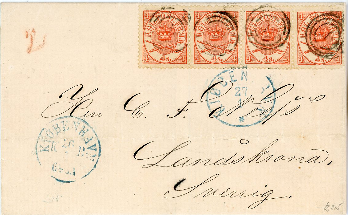 DENMARK DENMARK: 1869 (13 4) folded cover to Landskrona Sweden franked 1868 4sk red horiz. strip of 4 pos B7 - 10, all cancelled 1 with Kjobenhavn cds (26/1) and oval dispatch (27/1), both in blue, minor perf. issues, red 2 top left corner indicating a letter of 2nd weight, only 4 such letters recorded with this rate, cert. Lasse Nielsen