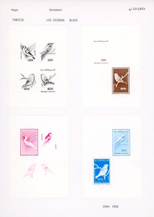 TUNISIA TUNISIA: 1992 Birds UNIQUE COURVOISIER PROOFS with 4 sets of IMPERF PROGRESSIVE PROOFS and 7 composite blocks with frame only, different values, imperf. Very fine