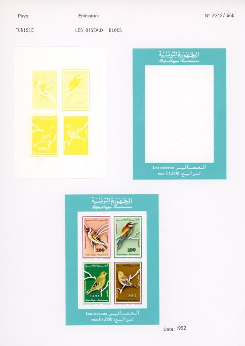 TUNISIA TUNISIA: 1992 Birds UNIQUE COURVOISIER PROOFS with 4 sets of IMPERF PROGRESSIVE PROOFS and 7 composite blocks with frame only, different values, imperf. Very fine