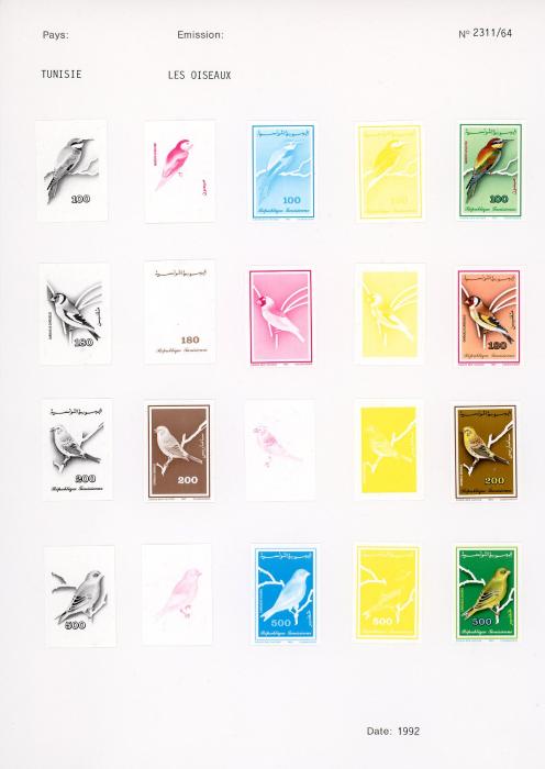 TUNISIA TUNISIA: 1992 Birds UNIQUE COURVOISIER PROOFS with 4 sets of IMPERF PROGRESSIVE PROOFS and 7 composite blocks with frame only, different values, imperf. Very fine