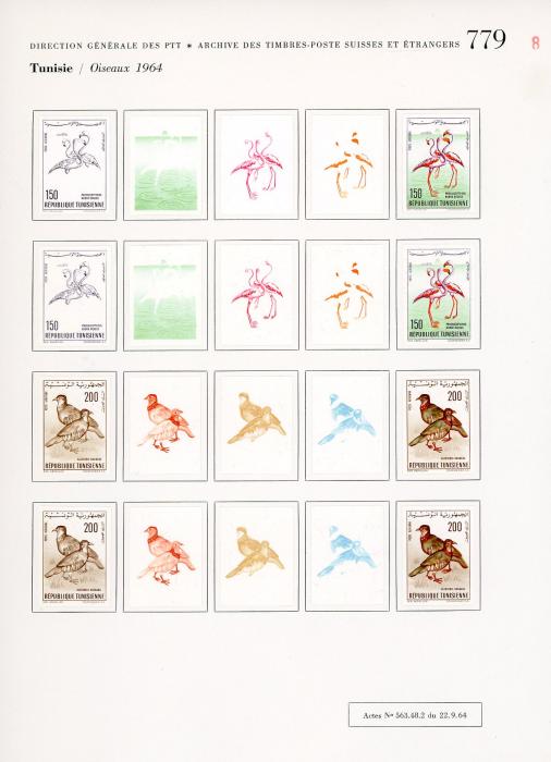 TUNISIA TUNISIA: 1964 Birds UNIQUE COURVOISIER PROOFS (59) comprising 25c set of 5 progessive proofs, similar for 55c but 2 sets of each for the Courser and 2 sets of 3 for the shrike, other values incl. 2 sets each of 5 proofs for 150, 200, 500 and one set of 5 for 100 & 300, fine