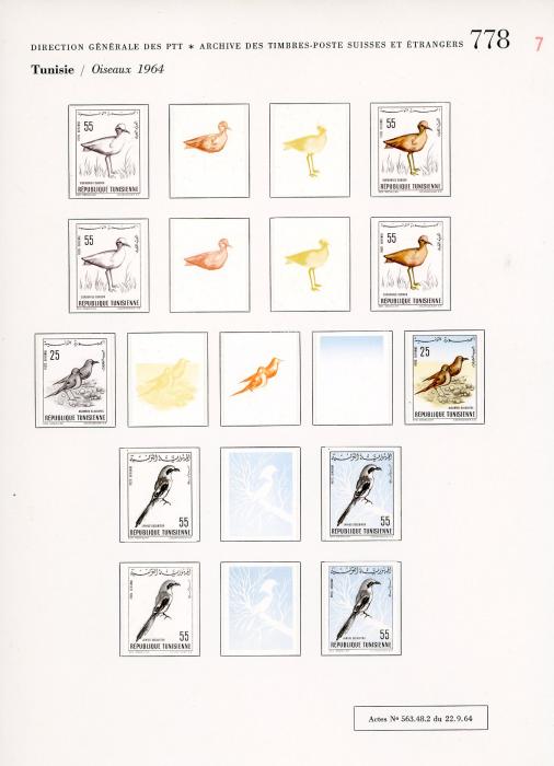 TUNISIA TUNISIA: 1964 Birds UNIQUE COURVOISIER PROOFS (59) comprising 25c set of 5 progessive proofs, similar for 55c but 2 sets of each for the Courser and 2 sets of 3 for the shrike, other values incl. 2 sets each of 5 proofs for 150, 200, 500 and one set of 5 for 100 & 300, fine