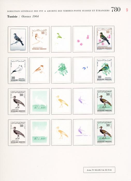 TUNISIA TUNISIA: 1964 Birds UNIQUE COURVOISIER PROOFS (59) comprising 25c set of 5 progessive proofs, similar for 55c but 2 sets of each for the Courser and 2 sets of 3 for the shrike, other values incl. 2 sets each of 5 proofs for 150, 200, 500 and one set of 5 for 100 & 300, fine