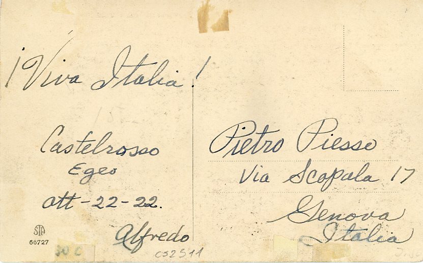 ITALIAN COLONIES ITALIAN COLONIES: CASTELROSSO 1922 (23 10) Postcard of Castelrosso to Genova franked 5c + 10c + 25c picture side all ovpt. Castelrosso with COSTELLORIZZO cds, fine. ex Kugel