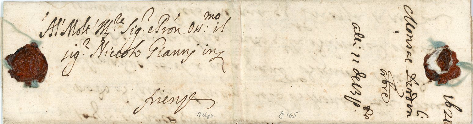 BELGIUM BELGIUM: 1621 (13 9) SPANISH PERIOD entire from Mons to Firenze, Italy with fine seals both ends showing impression of the Belgian Lion Rampant, , blue silk threads still present, no postal markings, fine