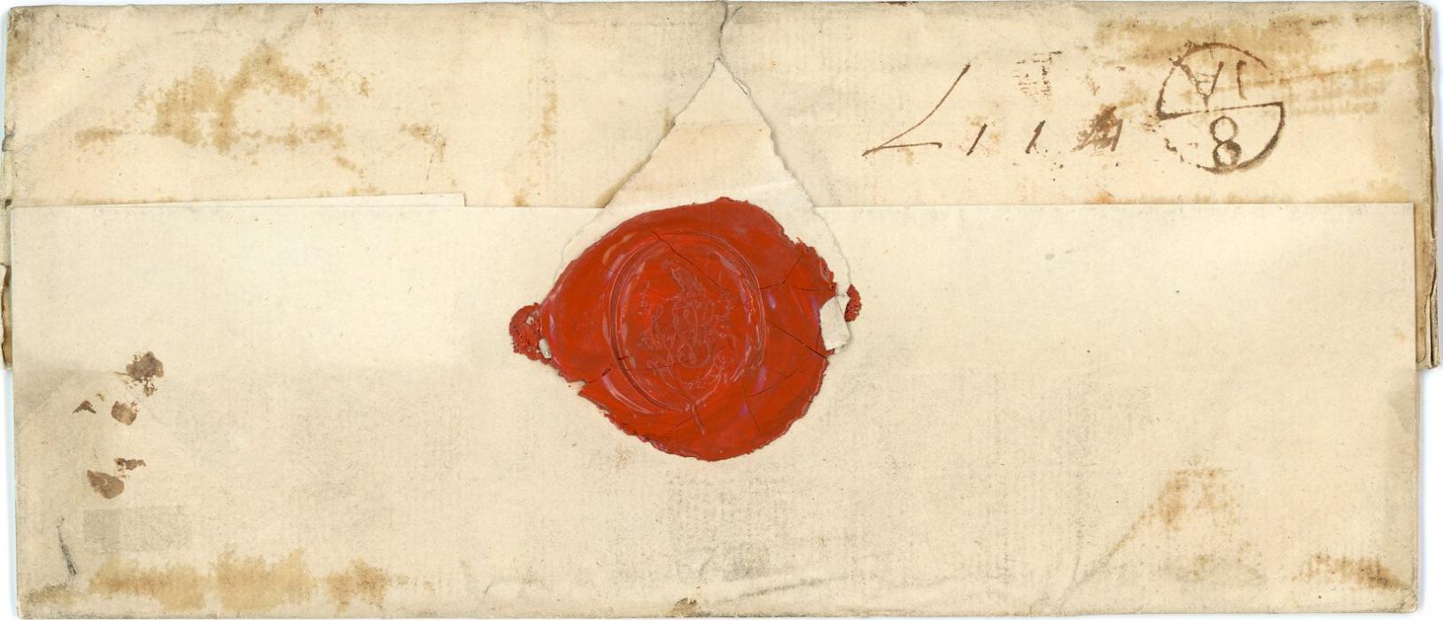 BARBADOS BARBADOS: 1780 (Oc 22)Long entire to London struck with s/l PLYMOUTH/SHIP-LRE, fine seal on reverse + 8 JA  bishop mark, addressed to Sir James Lowther