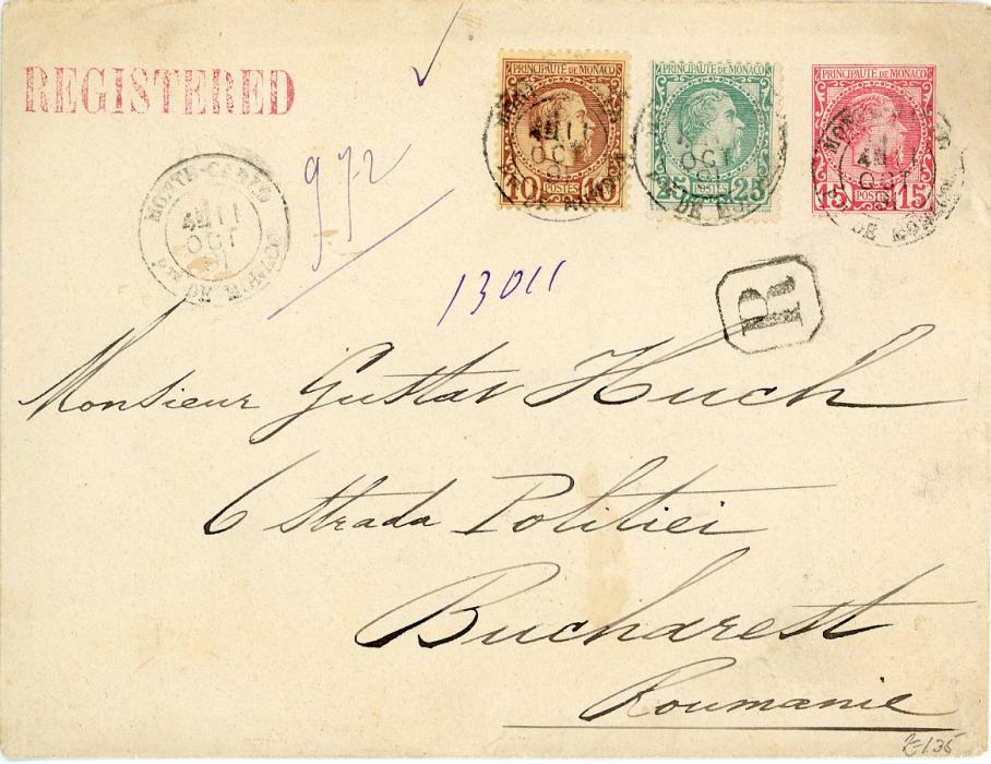 MONACO MONACO: 1891 (11 Oct) registered 15c postal envelope to Romania uprated 1885 10c + 25c tied by monte-Carlo cdss with two registration hss, onreverse Ventimiglia transit and Bucharest 15 10 arrival, fine