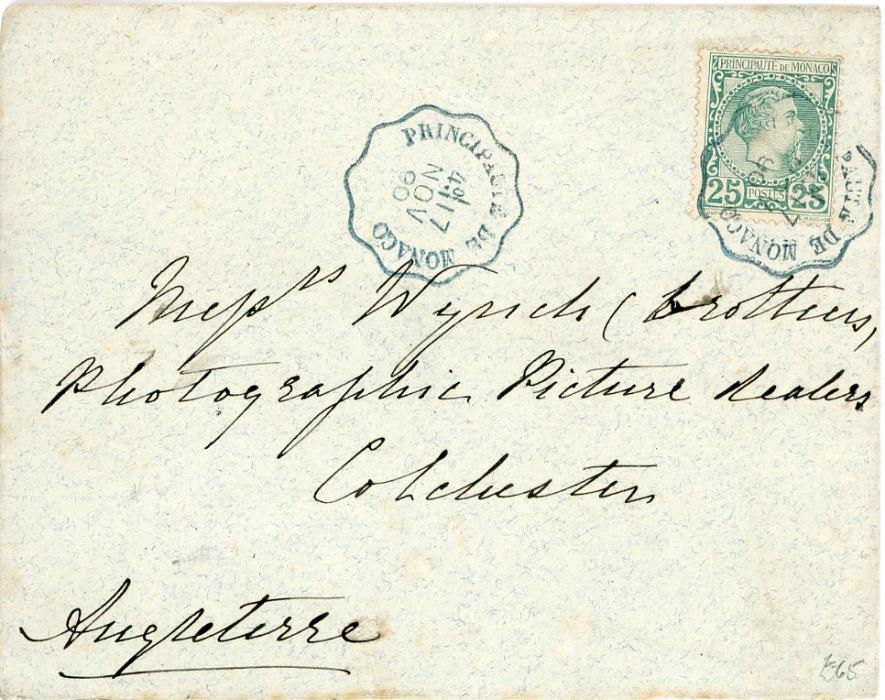 MONACO MONACO: 1890 (17 Nov) envelope to the Winch bros. franked 1885 25c tied by wavy line Principaute de Monaco cds in blue with Colchester No 19 arrival, v.fine