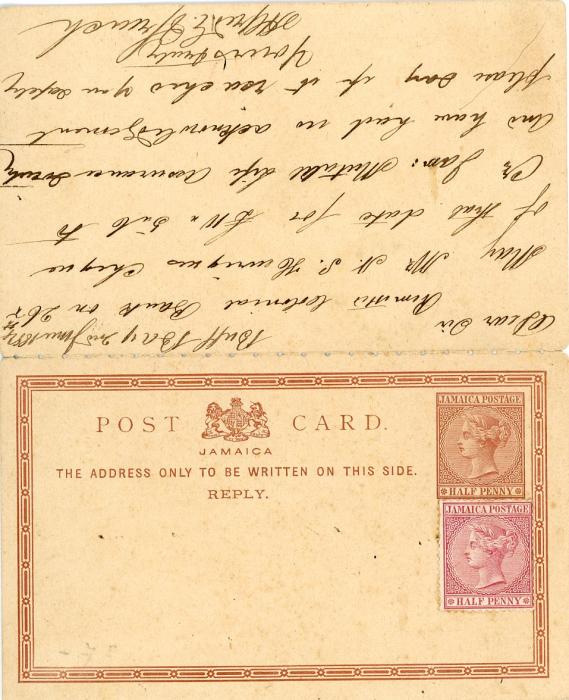 JAMAICA JAMAICA: 1884 (JU 2) 1/2d reply card (both portions) uprated 1/2d claret, cancelled A32 with BUFF BAY cds in association, Kingston arrival (Ju 3), surprisingly scarce, fine