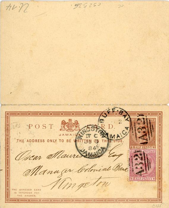 JAMAICA JAMAICA: 1884 (JU 2) 1/2d reply card (both portions) uprated 1/2d claret, cancelled A32 with BUFF BAY cds in association, Kingston arrival (Ju 3), surprisingly scarce, fine