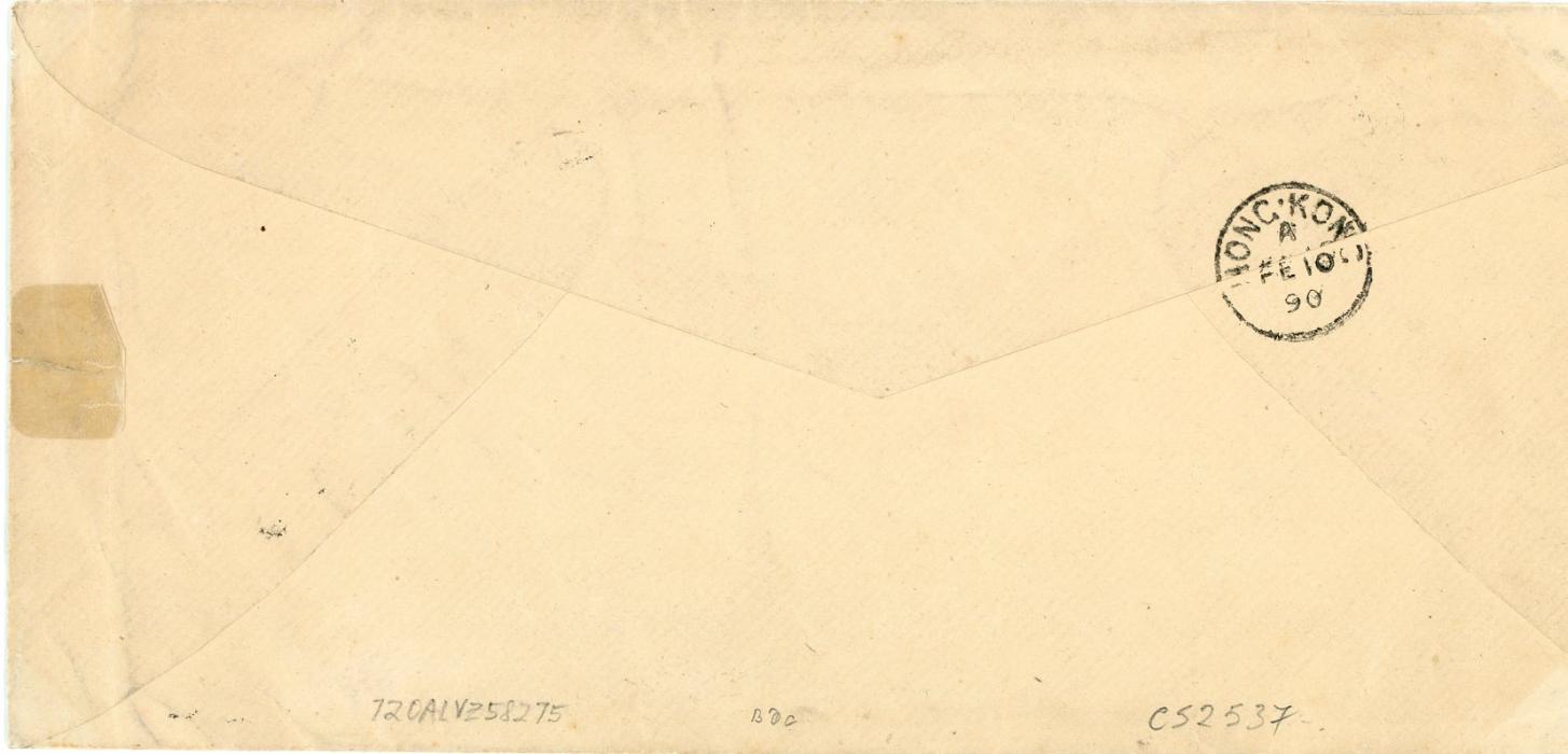 HONG KONG HONG KONG: 1890 (Fe 6) long printed env. printed FOR THE REPUBLIC/(US) STATES CONSULATE/AMOY CHINA franked 20/CENTS on 30c orange-red (SG 40) tied by A/AMOY cds, further strike alongside, addressed to USA with San Francisco arrival (Mar 9), Hong Kong (Fe10) transit, envelope reduced at left