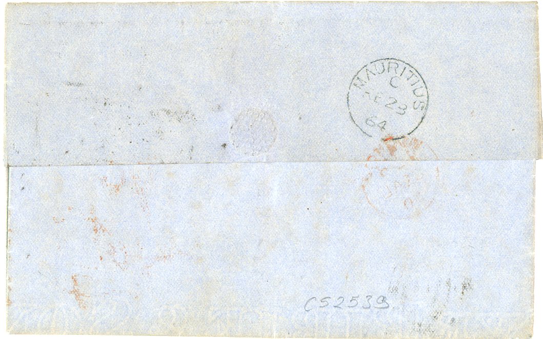 GREAT BRITAIN / MAURITIUS GREAT BRITAIN / MAURITIUS: 1864 (JA 22) entire to Mauritius franked 1862-64 4d dull red + 6d lilac tied by Liverpool duplex with arrival (Fe 23), taxed 4 1/2 hs in red on arrival, ex Thomas La Chambre, fine
