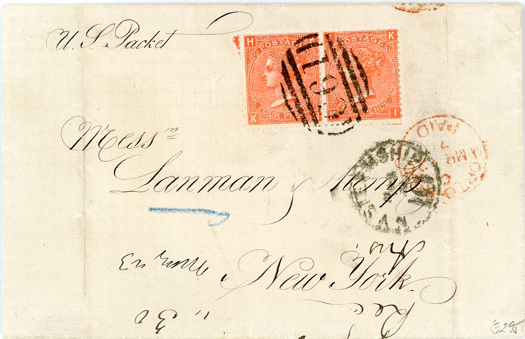 GREAT BRITAIN USED ABROAD GREAT BRITAIN USED ABROAD: PORTO RICO 1871 (Mar 12) entire with St Johns dateline to New York (Lanman & Kemp correspondence0 franked GB 4d vermilion pair plate11 tied by crisp C61 with PORTO RICO Paid cds in red alongside, St Thomas mr 16 transit bs & New York Steamship 10 on obverse, 2 vertical filing creases not affecting adhesives, top perfs a little trimmed, cert. Sismondo