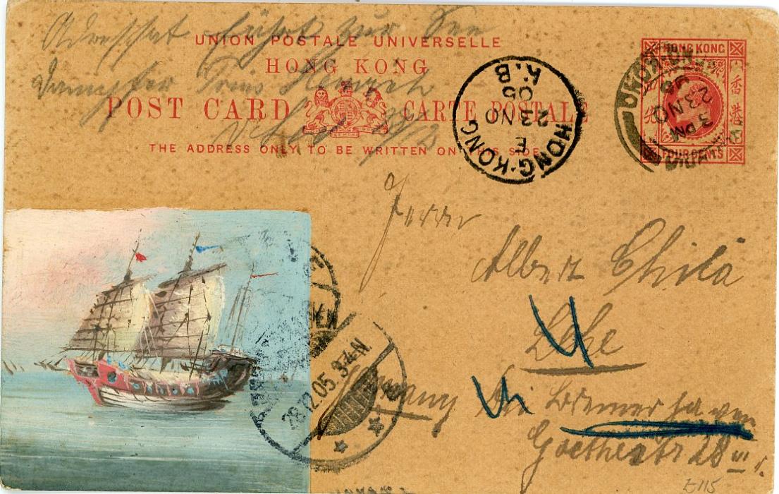 HONG KONG HONG KONG: 1905 (23 N00 KEVII 4c red postal card to Germany cancelled Victoria HK cds with HK K.B. cds alongside with painting of Chinese Junk bottom left, 28/12 arrival cancel, decorative