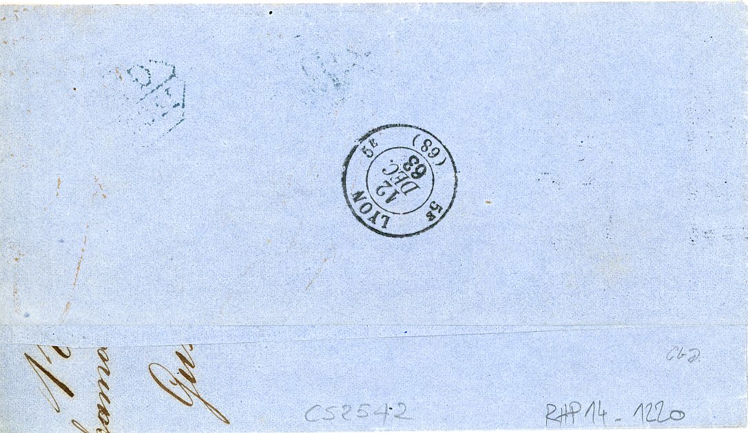 JAPAN / FRANCE JAPAN / FRANCE: 1863 (10 Oct) outer wrapper from from Yokohama to France addressed to Lyon via Marseille with GB/1f80c hexagonal accountancy mark in blue (Webb type 1 - 7 examples of this type recorded), transit Suez.Marseilles (12 Dec), Lyon (12 Dec), rated 15c in red (decimes), fine
