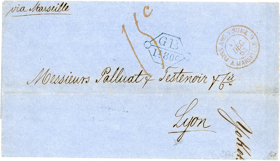 JAPAN / FRANCE JAPAN / FRANCE: 1863 (10 Oct) outer wrapper from from Yokohama to France addressed to Lyon via Marseille with GB/1f80c hexagonal accountancy mark in blue (Webb type 1 - 7 examples of this type recorded), transit Suez.Marseilles (12 Dec), Lyon (12 Dec), rated 15c in red (decimes), fine