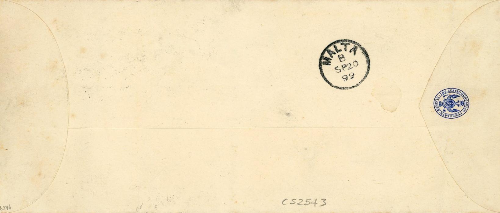 MALTA / GREAT BRITAIN / HUNGARY MALTA / GREAT BRITAIN / HUNGARY: 1899 long envelope franked GB Jubilee 2d cancelled by MALTA in straight line grill & fancy anchor with underlined Paquebot. & straight line Kikotoben in grey-black, printed seal of Austro Hungarian Consulate Glasgow on backflap, Malta arrival (Sp 20), envelope with faint creasing and light soiling