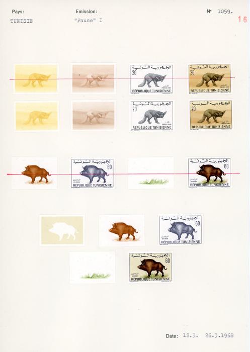 TUNISIA TUNISIA: UNIQUE COURVOISIER PROOFS for 1968 (26 30 Faune 1 - 76 proofs) with duplication of some sets with slight colour differences, 1 set crossed out with red line, each value in progressive proofs of 4 or 5, very fine