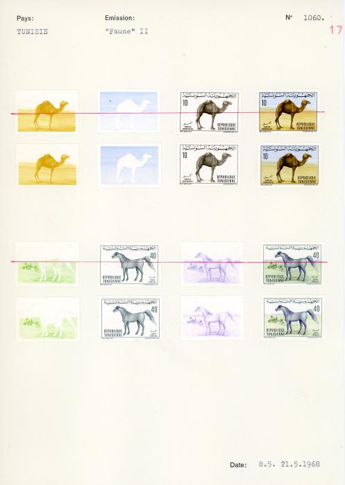 TUNISIA TUNISIA: UNIQUE COURVOISIER PROOFS for 1968 (26 30 Faune 1 - 76 proofs) with duplication of some sets with slight colour differences, 1 set crossed out with red line, each value in progressive proofs of 4 or 5, very fine