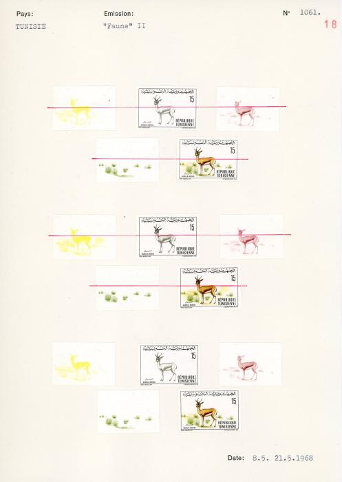 TUNISIA TUNISIA: UNIQUE COURVOISIER PROOFS for 1968 (26 30 Faune 1 - 76 proofs) with duplication of some sets with slight colour differences, 1 set crossed out with red line, each value in progressive proofs of 4 or 5, very fine