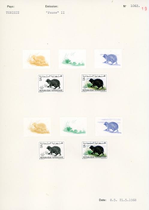 TUNISIA TUNISIA: UNIQUE COURVOISIER PROOFS for 1968 (26 30 Faune 1 - 76 proofs) with duplication of some sets with slight colour differences, 1 set crossed out with red line, each value in progressive proofs of 4 or 5, very fine