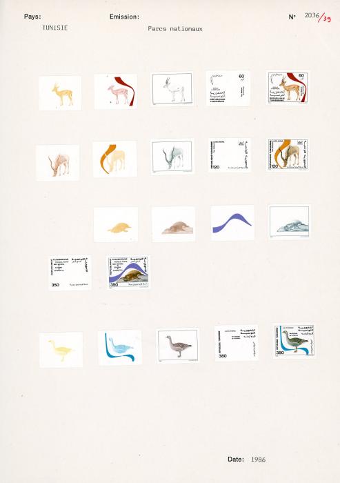 TUNISIA TUNISIA: UNIQUE COURVOISIER PROOFS for 1986 Parc nationaux one page of 21 proofs depicting geese, seals, antelopes, 3 values with 5 progressive proofs, 4th value with 6. Very fine