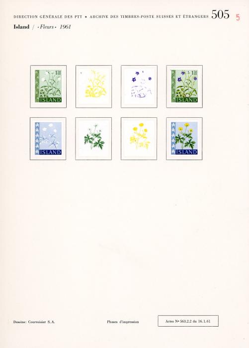 ICELAND ICELAND: UNIQUE COURVOISIER PROOFS for 1958 Flora values in progressive sets of 4 or 5 , some duplication with subtle colour differences, top value with 2 sets of 5, one with red line through it (73 proofs), very fine