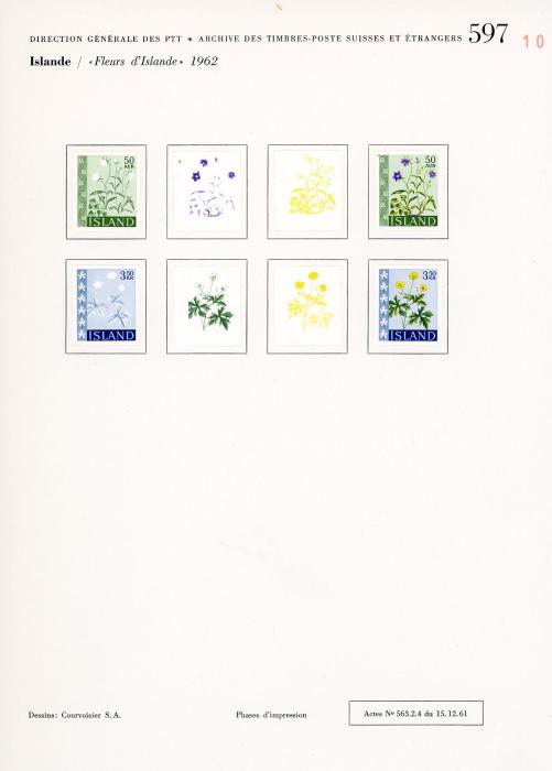 ICELAND ICELAND: UNIQUE COURVOISIER PROOFS for 1958 Flora values in progressive sets of 4 or 5 , some duplication with subtle colour differences, top value with 2 sets of 5, one with red line through it (73 proofs), very fine