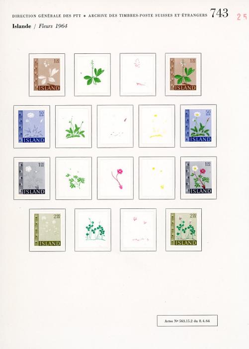 ICELAND ICELAND: UNIQUE COURVOISIER PROOFS for 1958 Flora values in progressive sets of 4 or 5 , some duplication with subtle colour differences, top value with 2 sets of 5, one with red line through it (73 proofs), very fine