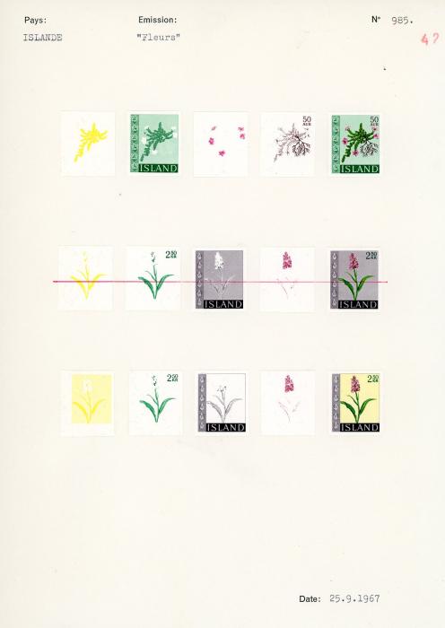 ICELAND ICELAND: UNIQUE COURVOISIER PROOFS for 1958 Flora values in progressive sets of 4 or 5 , some duplication with subtle colour differences, top value with 2 sets of 5, one with red line through it (73 proofs), very fine