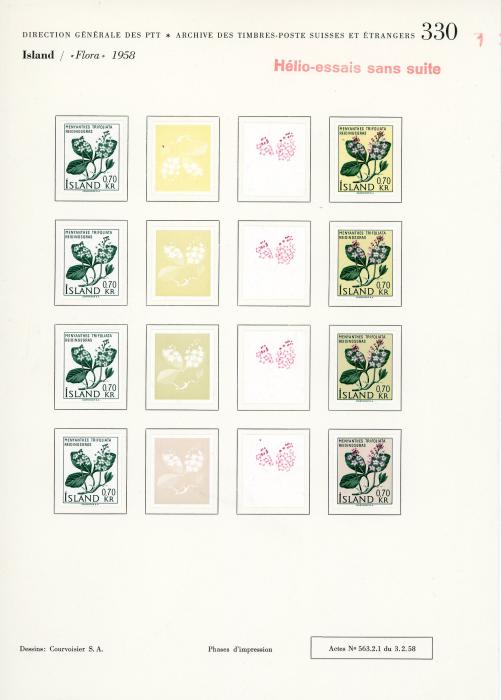 ICELAND ICELAND: UNIQUE COURVOISIER PROOFS for 1958 Flora values in progressive sets of 4 or 5 , some duplication with subtle colour differences, top value with 2 sets of 5, one with red line through it (73 proofs), very fine