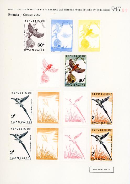 RWANDA RWANDA: UNIQUE COURVOISIER PROOFS for 1967 Oiseaux (birds), 73 proofs with 4 to 5 progressive proofs for each value, 5 sets duplicated, very fine