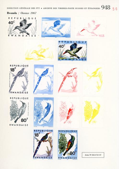 RWANDA RWANDA: UNIQUE COURVOISIER PROOFS for 1967 Oiseaux (birds), 73 proofs with 4 to 5 progressive proofs for each value, 5 sets duplicated, very fine