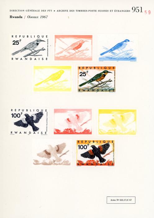 RWANDA RWANDA: UNIQUE COURVOISIER PROOFS for 1967 Oiseaux (birds), 73 proofs with 4 to 5 progressive proofs for each value, 5 sets duplicated, very fine