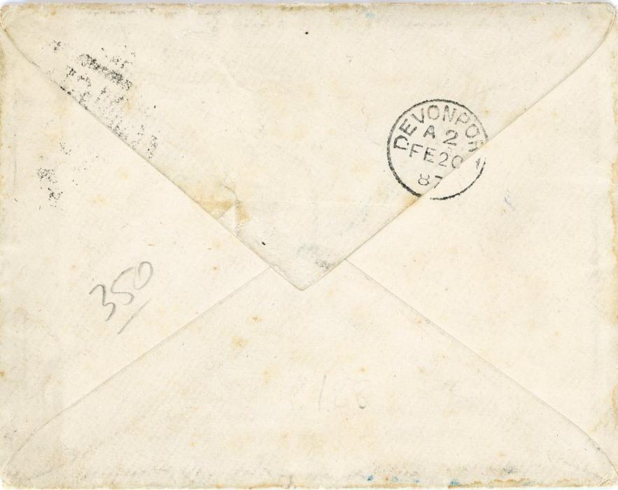 ST LUICIA / GREAT BRITAIN ST LUICIA / GREAT BRITAIN MARITIME: 1887 (6th Feb) envelope to England from Lt.R.F.Phillimore RN. serving on H/M/S. Calypso , franked GB 1883 4d dull green (SG 192) cancelled on arrival with B16 (Plymouth to Bristol TPO), posted omn board the RMS Solent arriving in Barbados Feb 7th, transferred to RMS Moselle arriving Plymouth on Feb 17th, Devonport on Feb 20th. ex Geoff Osborn naval mail sale, Cavendish 21/6/2007
