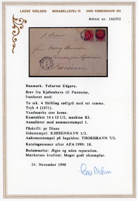 FAROE ISLANDS FAROE ISLANDS: 1870 (18 2) Incoming folded cover from Denmark with 4sk (2) tied by target 1 in 3 ring with Kjobenhavn cds alongside, THORSHAVN 7 3 arrival bs, fine, cert. Lasse Nielsen