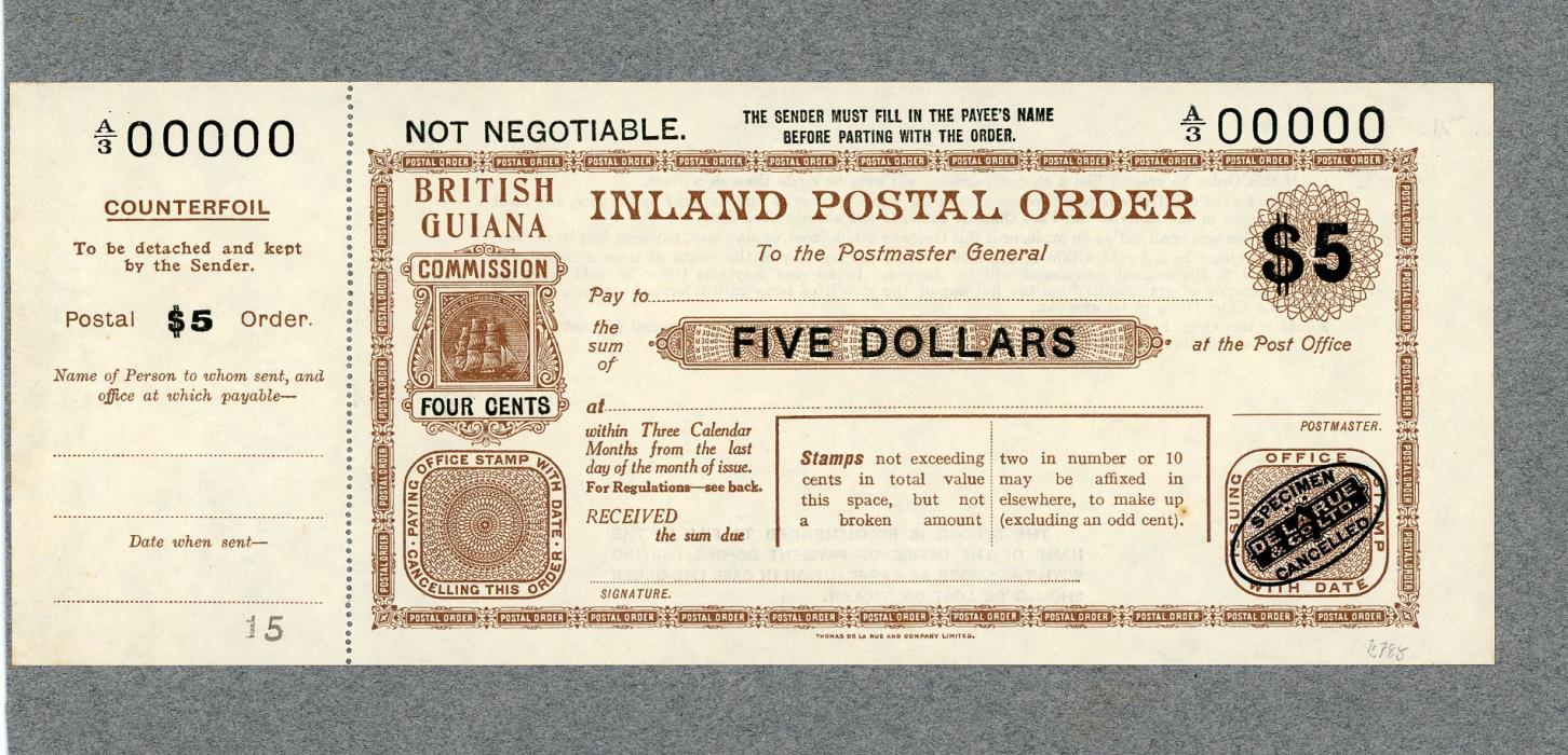 BRITISH GUIANA BRITISH GUIANA: 1938 ca INLAND POSTAL ORDER PROOF 5$ brown & black with counterfoil serial A/s 00000 handstamped SPECIMEN/DE LA RUE/& Co LTD/CANCELLED in oval at lower right, affixed (by left edge only) to a gilt edge page from a De La Rue Tender book in lovely condition, likely to be a unique proof