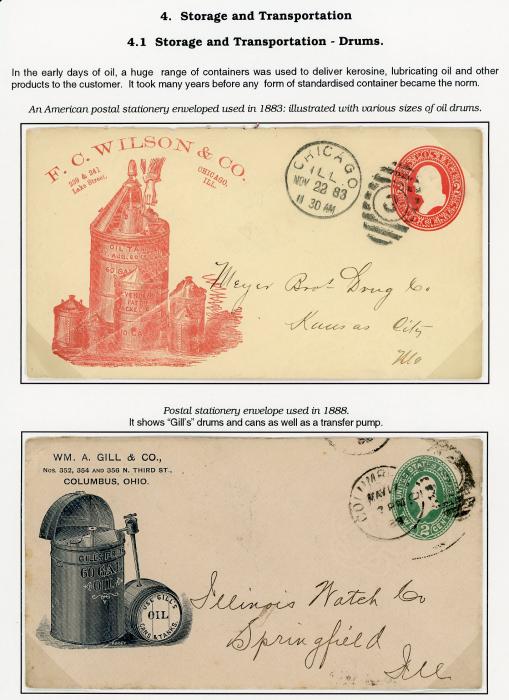 USA OIL Thematic USA: OIL Thematic 1883-88 Two postal advertising envelopes (2c red/2c green respectively) on exhibition page, both illustrating oil drums, splendid pair