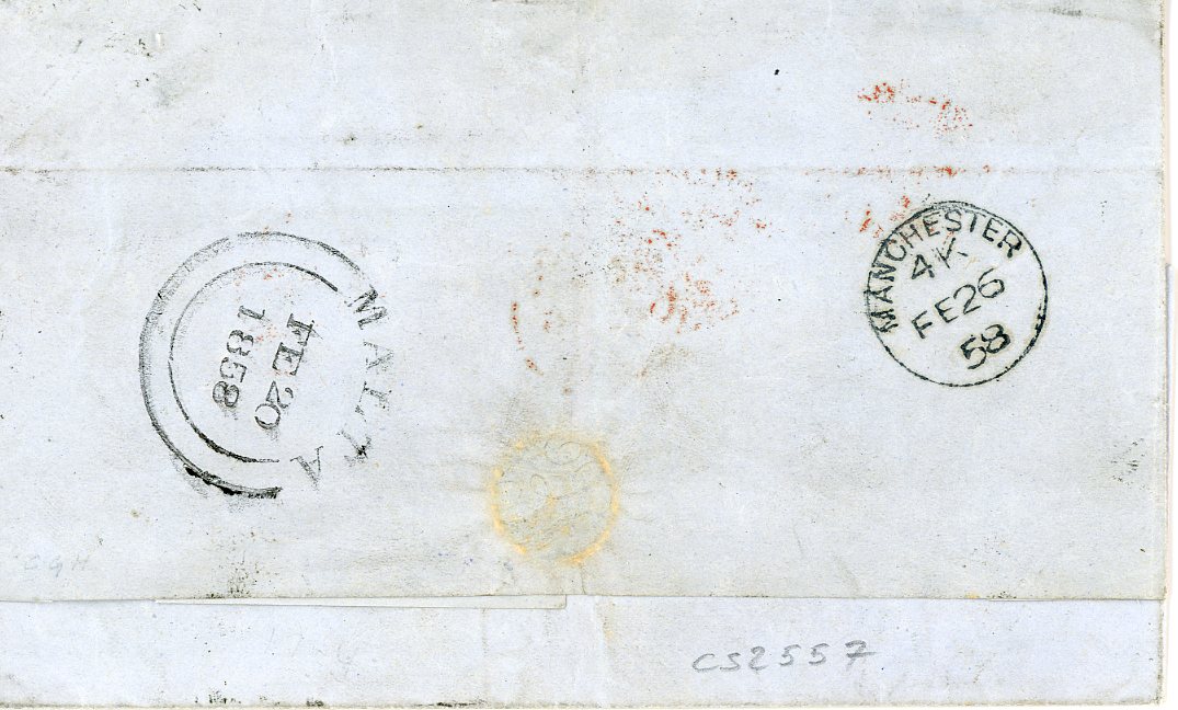 MALTA MALTA: 1858 (Fe 20) folded cover to England franked GB 4d pair + 1d red tied by barred M with Malta double arc dispatch & Manchester arrival (Fe 26) on reverse, London Paid in red on obverse Fe 26, some ironed out creasing