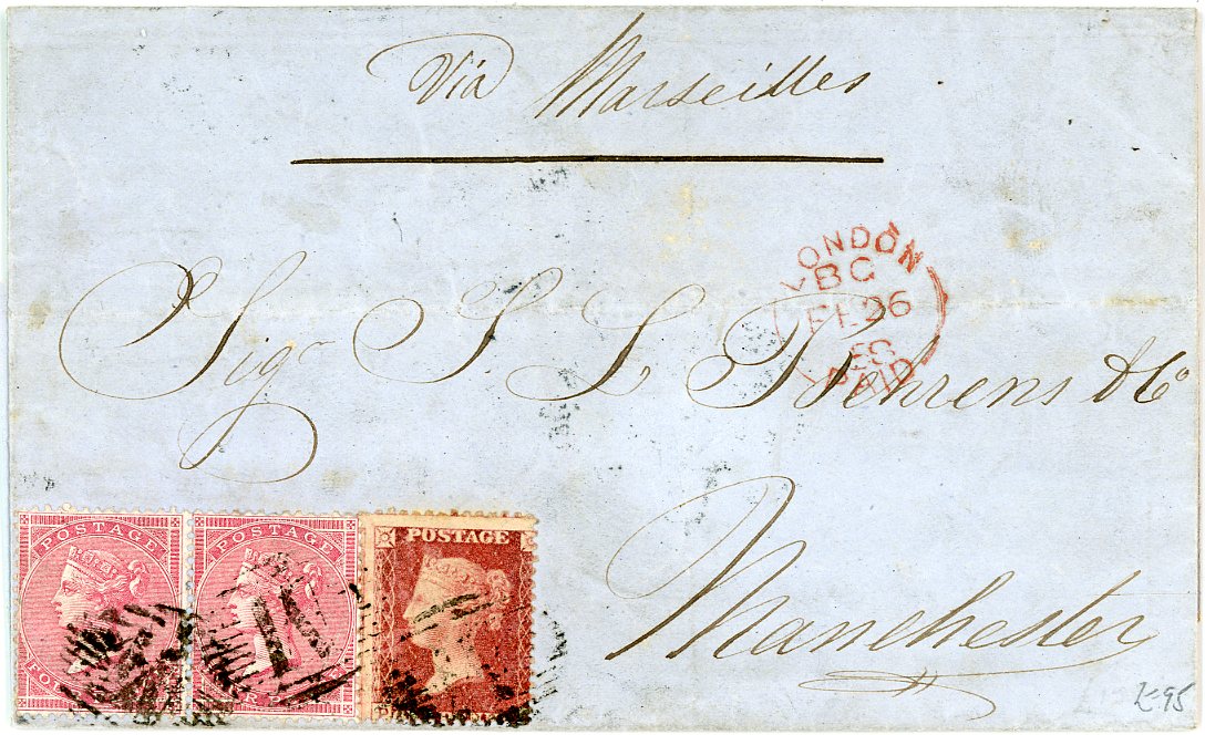 MALTA MALTA: 1858 (Fe 20) folded cover to England franked GB 4d pair + 1d red tied by barred M with Malta double arc dispatch & Manchester arrival (Fe 26) on reverse, London Paid in red on obverse Fe 26, some ironed out creasing