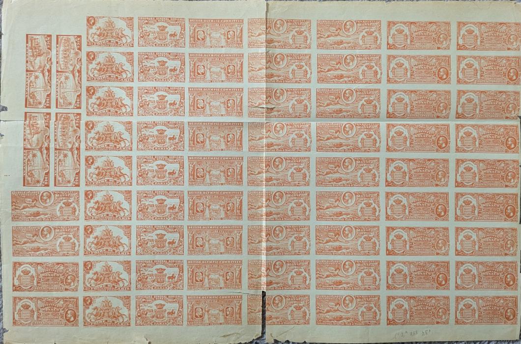 OLYMPICS OLYMPICS: LONDON 1908 Composite imperf proof sheet for various advertising/Exposition vignettes in orange brown, 71 incl. 4 for Nice carnival, 2 for motor boats and 2 for Exhibition of Motor Boats, also Paris fairs, Agricultural Show & British Olympic Committee, 4 columns for Monaco Car Expo in 2 different designs. Heavy vert./horiz. folds, some splitting & tears. These vignettes are the only philatelically related items that mention the games. Rare in this format, despite faults