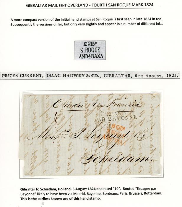 GIBRALTAR GIBRALTAR: 1824 (5 Aug) Prices current to Schiedam, Holland with small DE GIBr/S.ROQUE.ANDAa BAXA red hs, routed Espagne Par Bayonne (earliest known use of this hs), fine