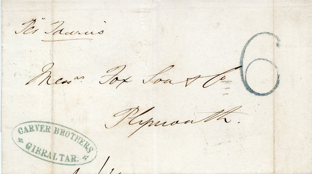 GIBRALTAR GIBRALTAR: 1856 (19 May) folded cover to Fox Son & Co, Plymouth with blue 6 accountancy mark at the ship letter rate of 6d, 3 line GIB/19 MY 1856/SHIPLETTER in blue, square boxed LIVERPOOL SHIP MY 25 transit, Plymouth (My 26) double arc arrival, Carver Brothers Company cachet on front, endorsed Per Taurus, 2 vertical creases otherwise fine