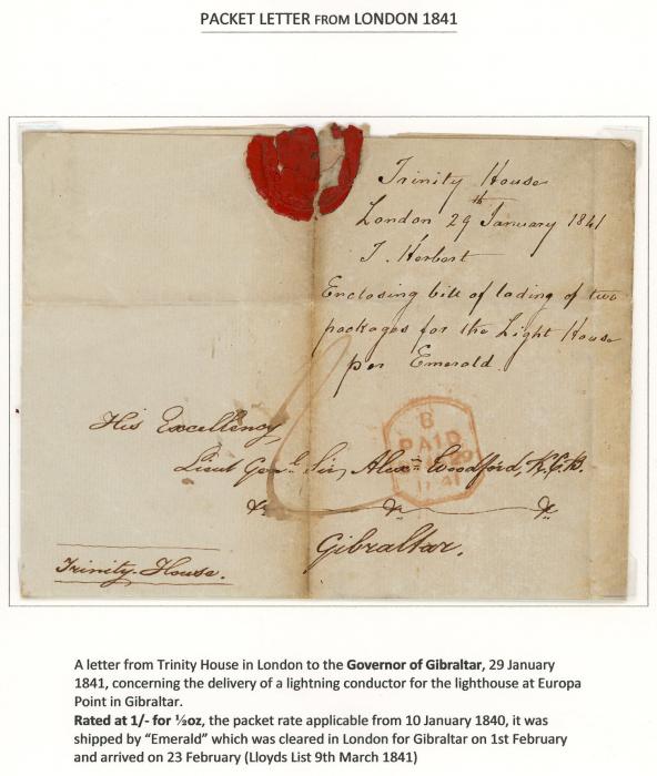 GIBRALTAR GIBRALTAR: 1841 (29 Jan) Entire from Trinity House in London to the Governor of Gibraltar concerning the delivery of a lightening conductor for the Light HOUSE at Europa Point in Gibraltar, shipped by the 