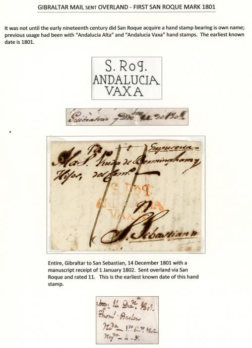 GIBRALTAR GIBRALTAR: 1801 (14 Dec) entire to San Sebastian with red S.ROQ/ANDALUCIA/VAXA hs (EARLIEST KNOWN DATE) with ms arrival  JA 1802, fine