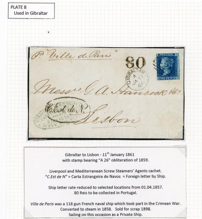GIBRALTAR GIBRALTAR: 1861 (11 Ja) Entire to Lisbon franked GB 2d blue plate 8 tied by A26, with Gibraltar cds alongside, oval C.Est de N hs (Carta Estrangeira de Navos), rated 80 alongside, endorsed Per Ville de Paris, very fine